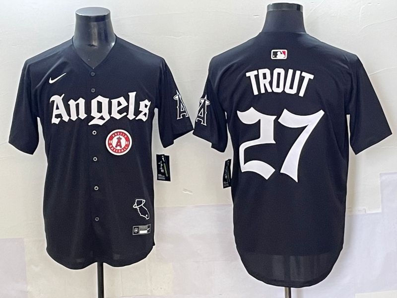 Men 2025 Los Angeles Angels #27 Trout Black Five generations Joint Name Nike MLB Jersey style 16